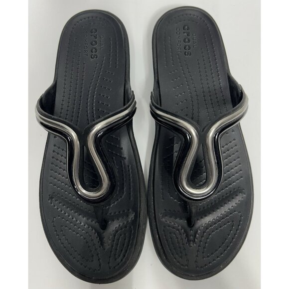 Crocs Women's Black Silver Sanrah Metal Block Dual Comfort Slip On Sandals Sz 9 - Picture 1 of 9